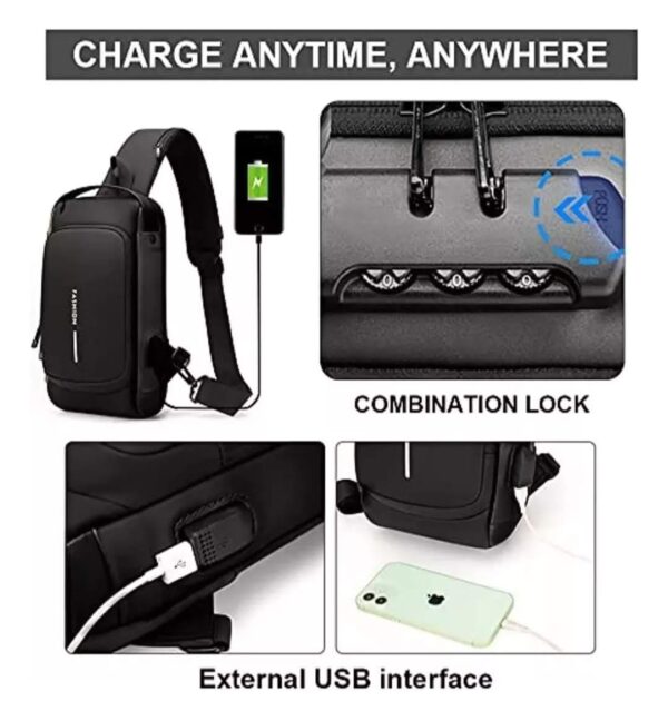 Mochila cruzada antirrobo para hombre, bolso de hombro con USB, resistente al agua, bandolera cruzada de viaje para hombre
