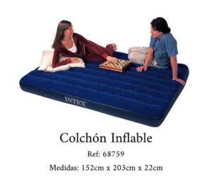 Colchón inflable INTEX, recomendado para usar en camping y en interior. 

Medidas colchoneta pequeña: 152cm X 203 X 25 Cms, Peso Máximo 136 kilos